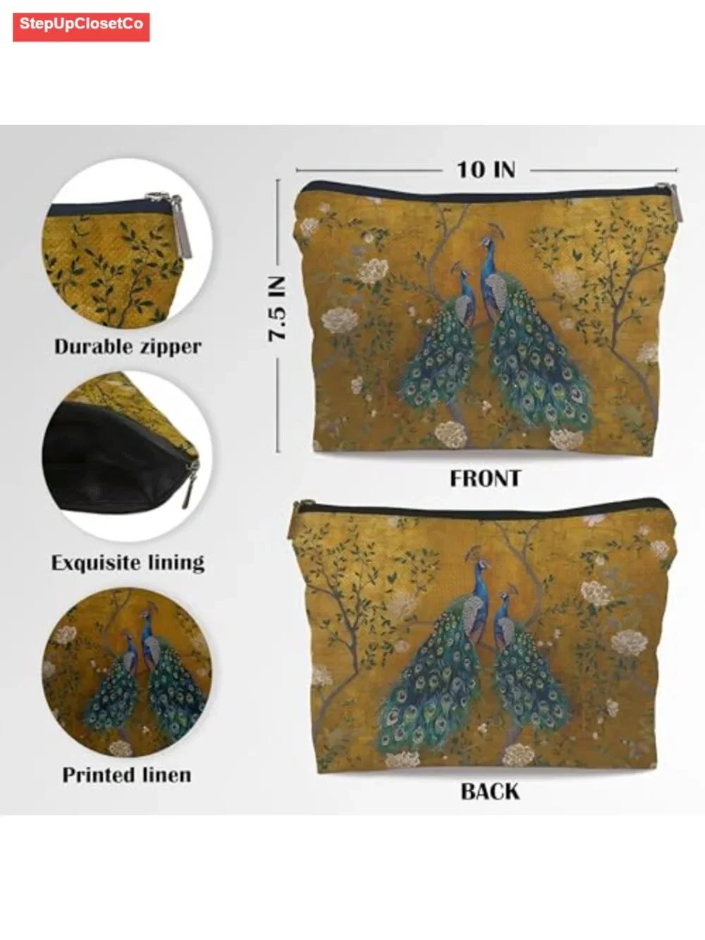 Vintage Chinoiserie Peacock Cosmetic Bag, Zipper Makeup Pouch, Travel Toiletry